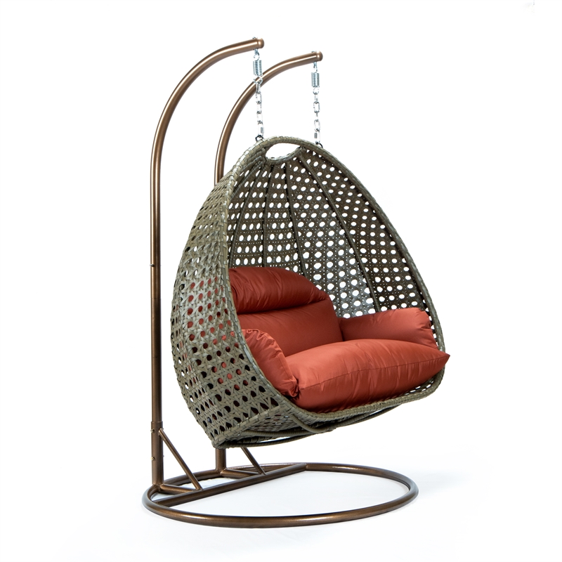Afuera Living Outdoor Beige Wicker Hanging Double Egg Swing Chair in Dark Orange