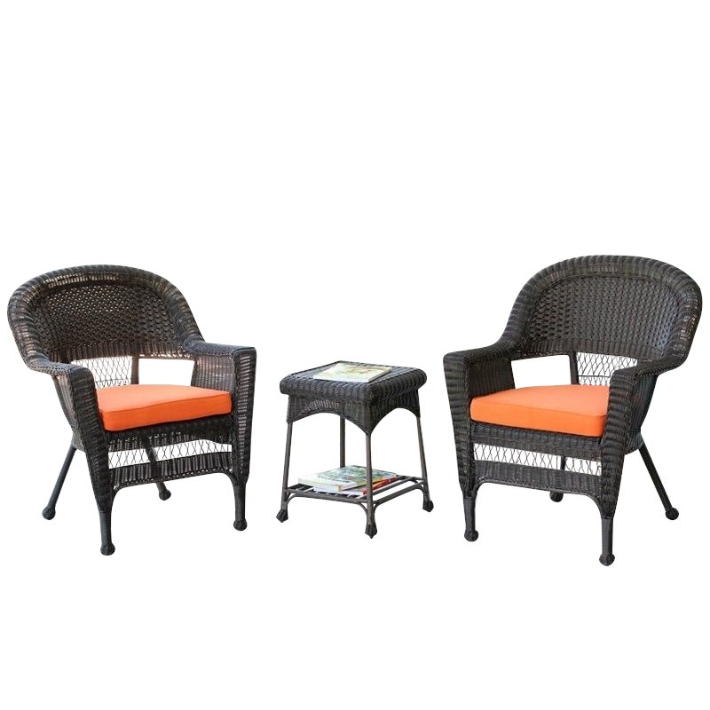 Afuera Living 3 Piece Wicker Conversation Set in Espresso with Orange Cushions