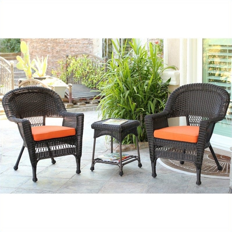 Afuera Living 3 Piece Wicker Conversation Set in Espresso with Orange Cushions