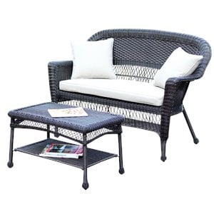 Afuera Living Wicker Espresso Patio Love Seat & Coffee Table Set w/ Tan Cushion