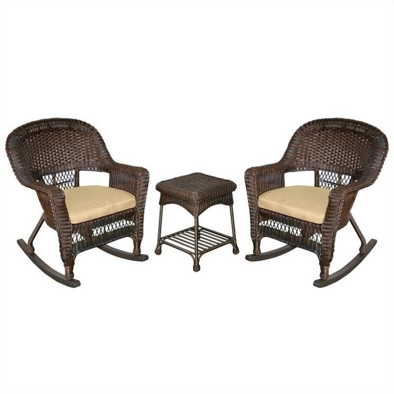 Afuera Living 3pc Wicker Rocker Chair Set in Espresso with Tan Cushion