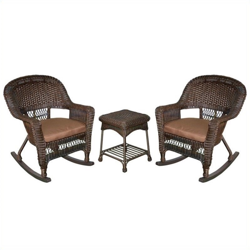 Afuera Living 3pc Wicker Rocker Chair Set in Espresso with Brown Cushion