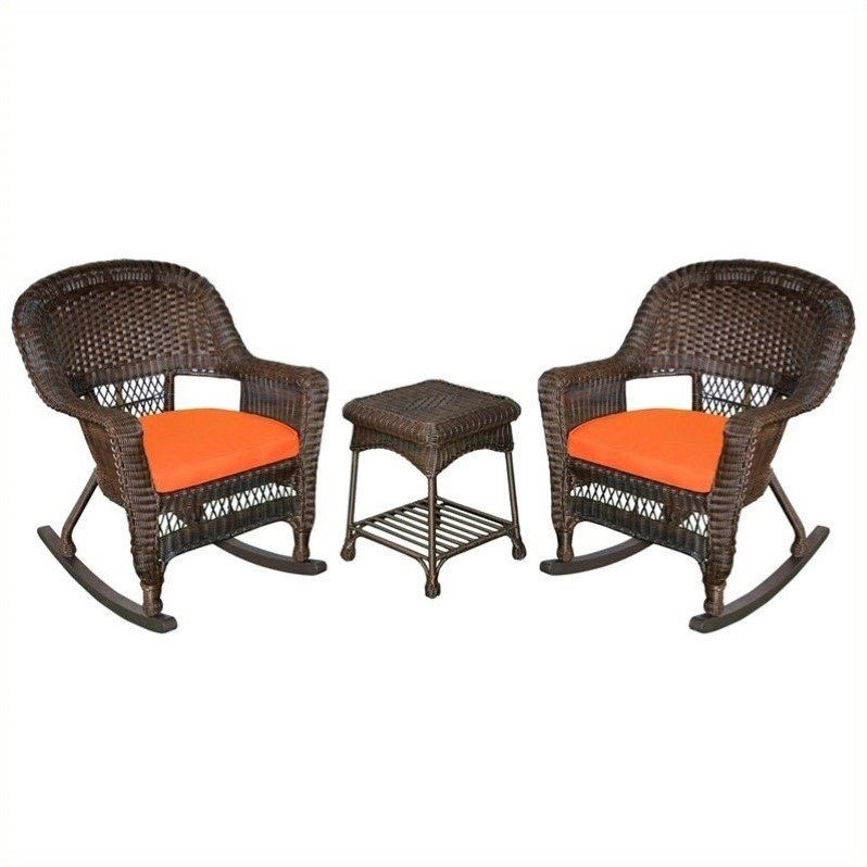 Afuera Living 3pc Wicker Rocker Chair Set in Espresso with Orange Cushion