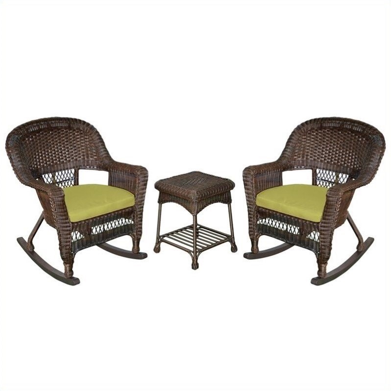 Afuera Living 3pc Wicker Rocker Chair Set in Espresso with Green Cushion