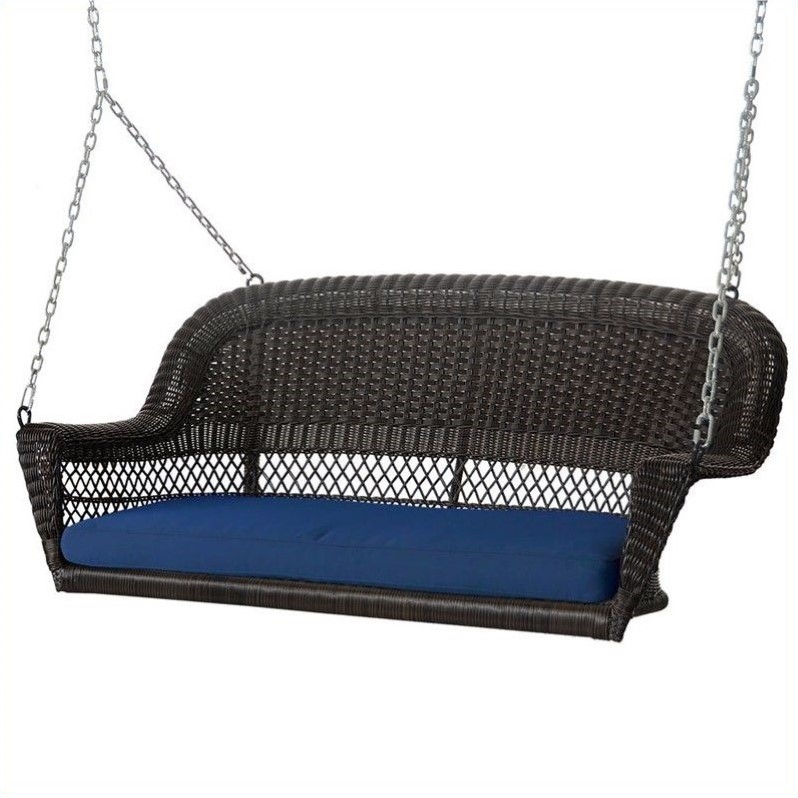 Afuera Living Wicker Porch Swing in Espresso with Blue Cushion