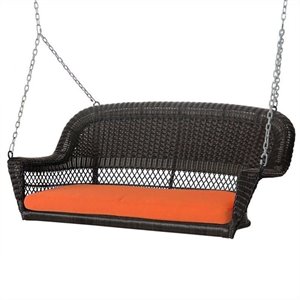 Afuera Living Wicker Porch Swing in Espresso with Orange Cushion