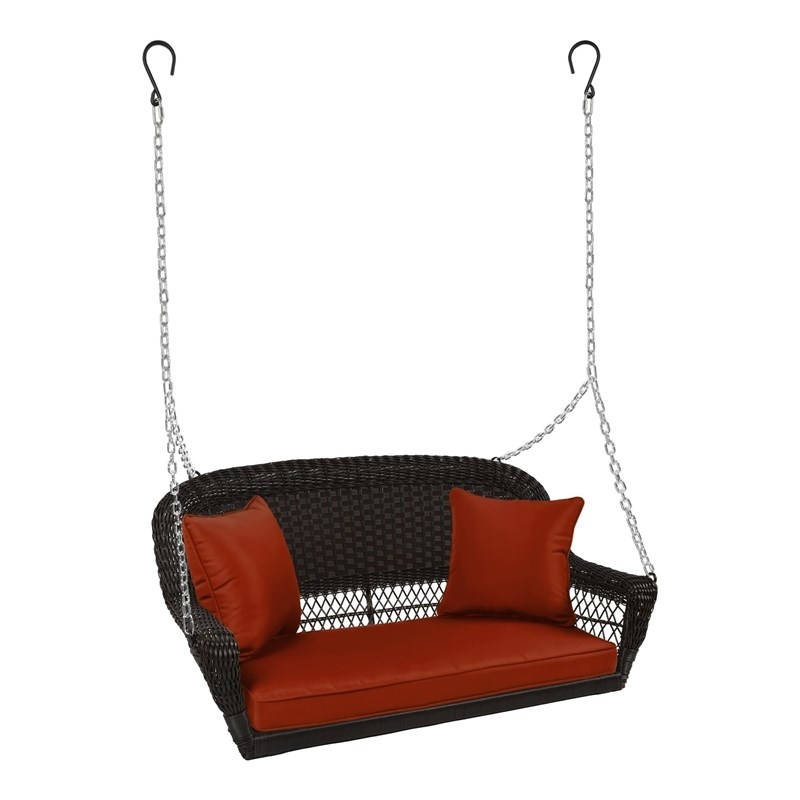 Afuera Living Wicker Porch Swing in Espresso with Red Cushion