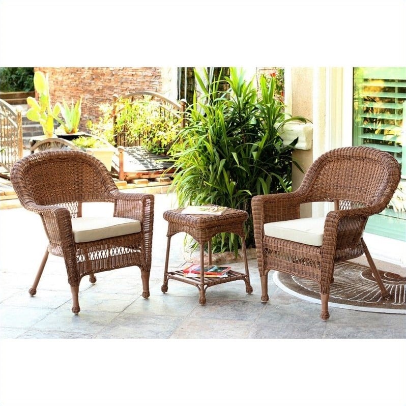 Afuera Living 3 Piece Resin Wicker Patio Conversation Set in Honey and White