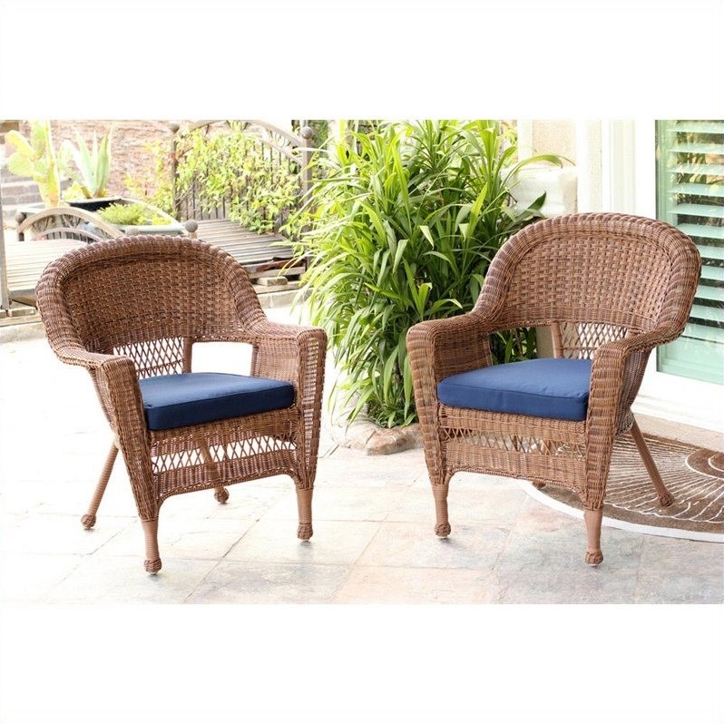 Afuera Living Wicker Chair in Honey with Blue Cushion (Set of 2)