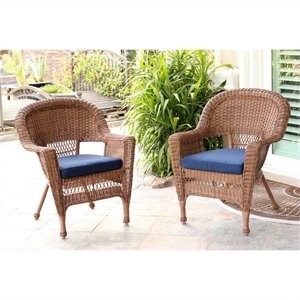 Afuera Living Wicker Chair in Honey with Blue Cushion (Set of 2)