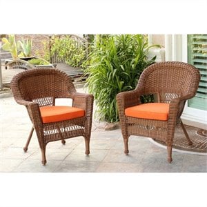 Afuera Living Wicker Chair in Honey with Orange Cushion (Set of 2)