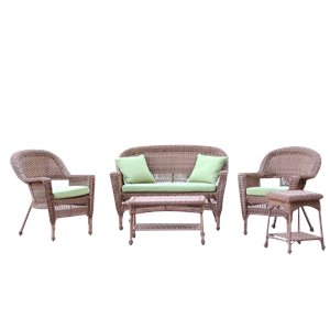 Afuera Living 5pc Wicker Conversation Set in Honey with Green Cushions