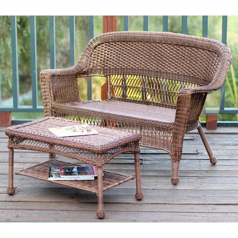 Afuera Living Wicker Patio Love Seat & Coffee Table Set - Honey without Cushion