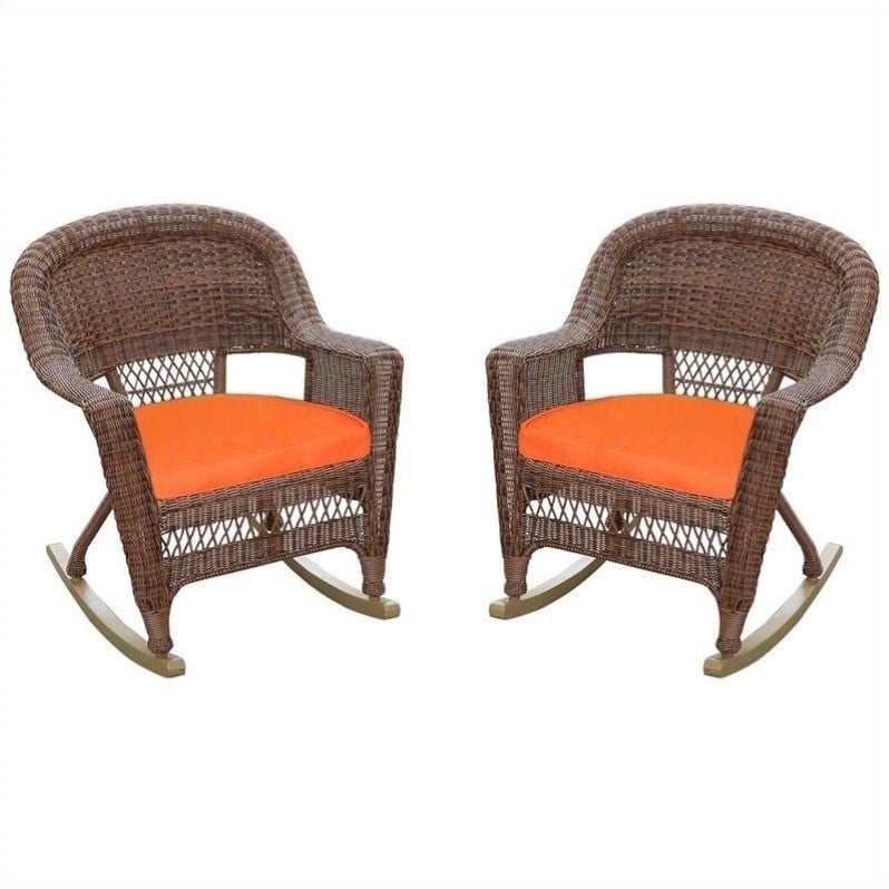 Afuera Living Wicker Rocker Chair in Honey with Orange Cushion (Set of 2)