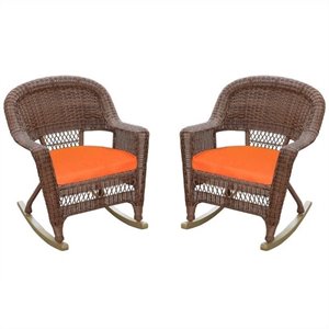 Afuera Living Wicker Rocker Chair in Honey with Orange Cushion (Set of 2)