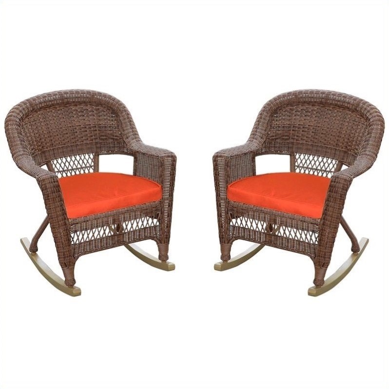 Afuera Living Wicker Rocker Chair in Honey with Red Cushion (Set of 2)