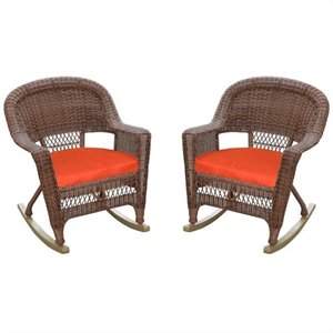 Afuera Living Wicker Rocker Chair in Honey with Red Cushion (Set of 2)