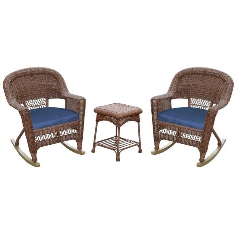 Afuera Living 3pc Wicker Rocker Chair Set in Honey with Blue Cushion
