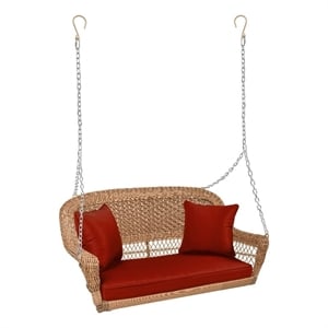 Afuera Living Honey Resin Wicker Hanging Porch Swing with Cushion in Red