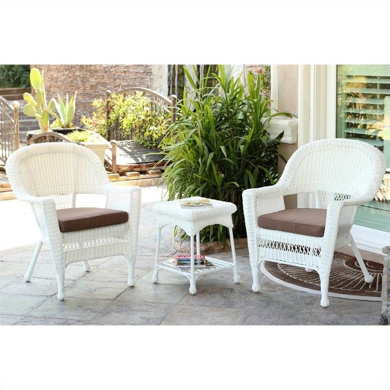 Afuera Living 3 Piece Wicker Conversation Set in White with Brown Cushions