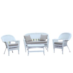 Afuera Living 4pc Wicker Conversation Set in White with Tan Cushions