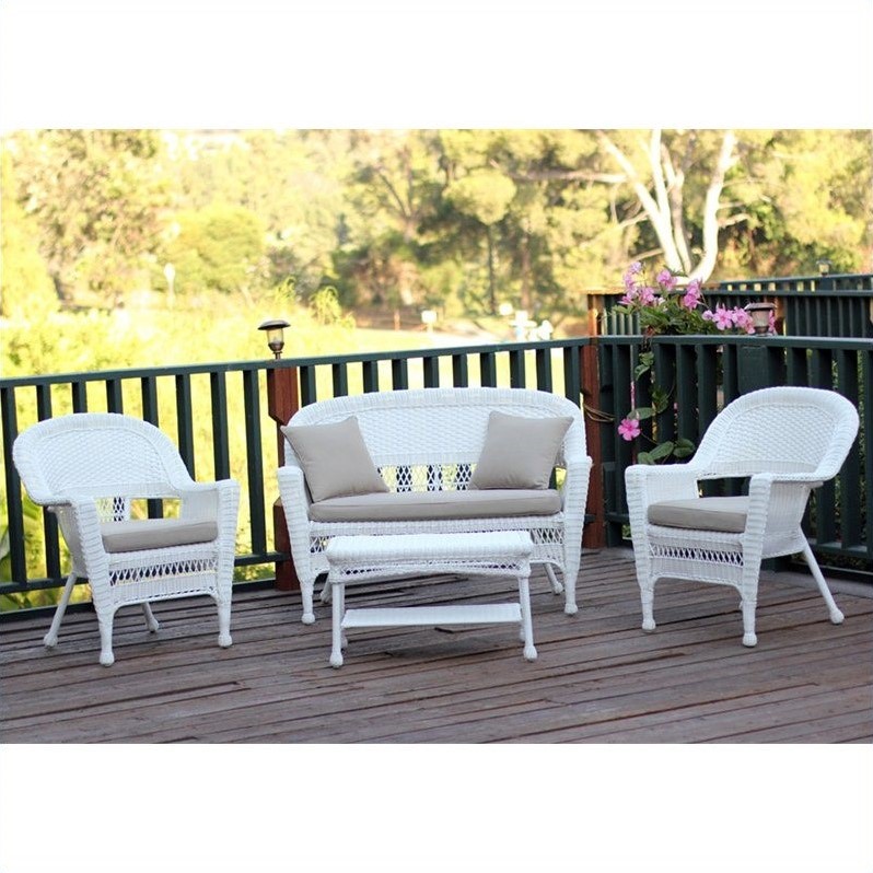 Afuera Living 4pc Wicker Conversation Set in White with Tan Cushions