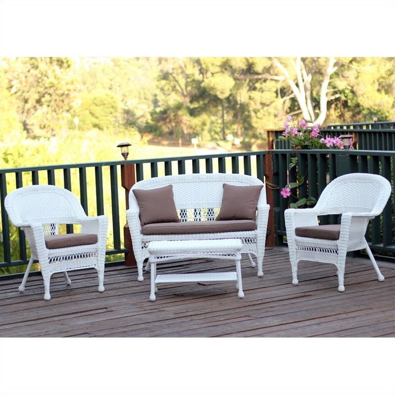 Afuera Living 4pc Wicker Conversation Set in White with Cocoa Brown Cushions