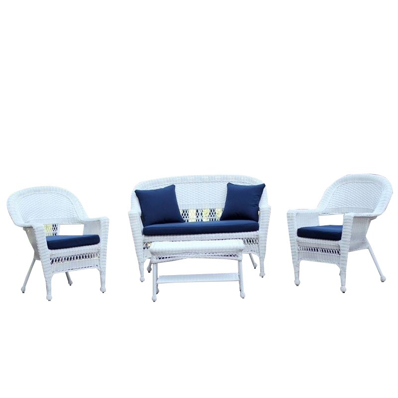 Afuera Living 4pc Wicker Conversation Set in White with Navy Blue Cushions