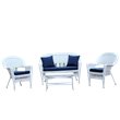 Afuera Living 4pc Wicker Conversation Set in White with Navy Blue Cushions