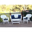 Afuera Living 4pc Wicker Conversation Set in White with Navy Blue Cushions