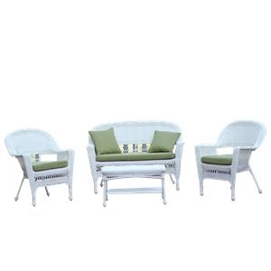 Afuera Living 4pc Wicker Conversation Set in White with Green Cushions