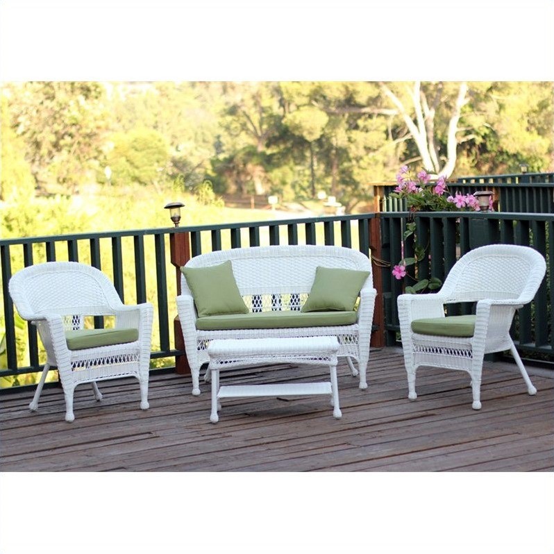 Afuera Living 4pc Wicker Conversation Set in White with Green Cushions