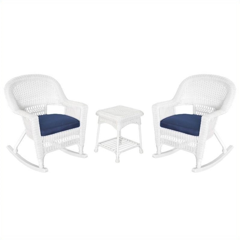 Afuera Living 3pc Rocker Wicker Chair Set in White with Blue Cushion