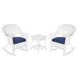 Afuera Living 3pc Rocker Wicker Chair Set in White with Blue Cushion