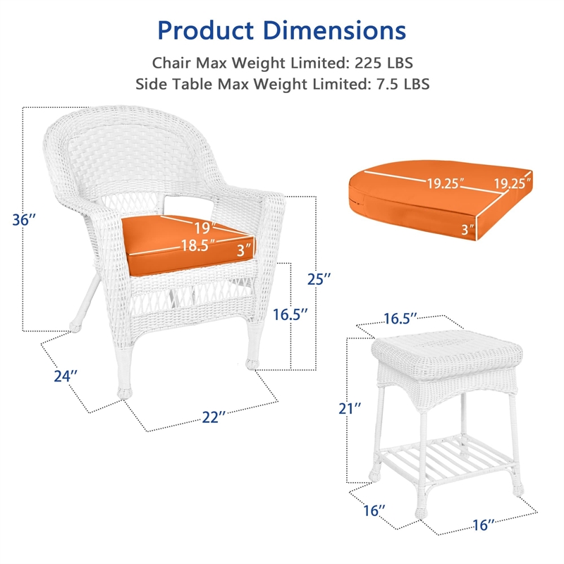 Afuera Living 3 Piece Wicker Conversation Set in Black with Orange Cushions
