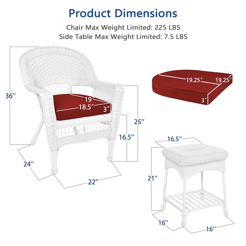 Afuera Living 3 Piece Wicker Conversation Set in Black with Red Orange Cushions
