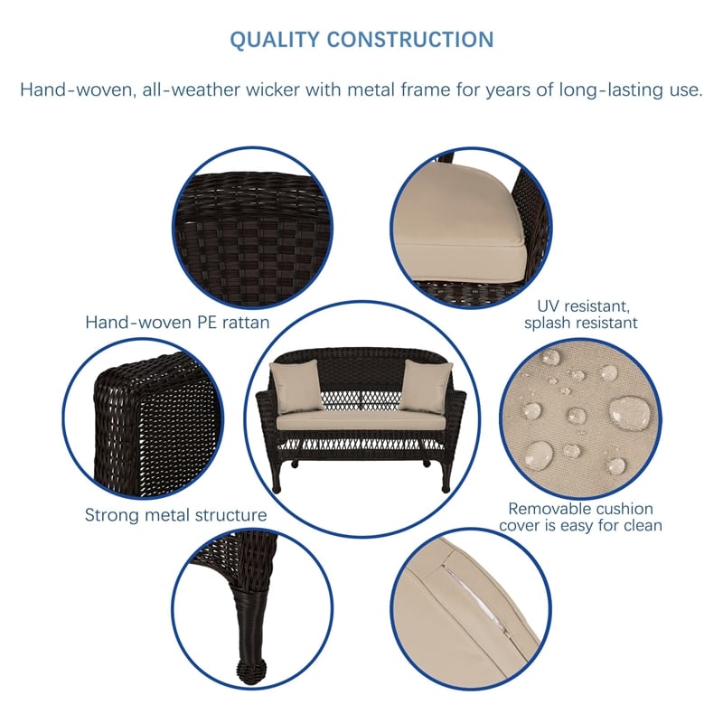 Afuera Living Wicker Patio Love Seat & Coffee Table Set - Black with Tan Cushion