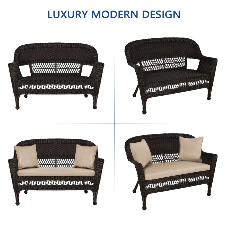 Afuera Living Wicker Patio Love Seat & Coffee Table Set - Black with Tan Cushion