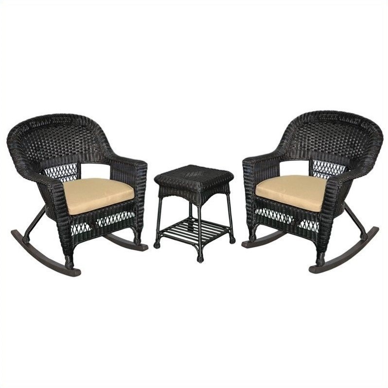 Afuera Living 3pc Wicker Rocker Chair Set in Black with Tan Cushion