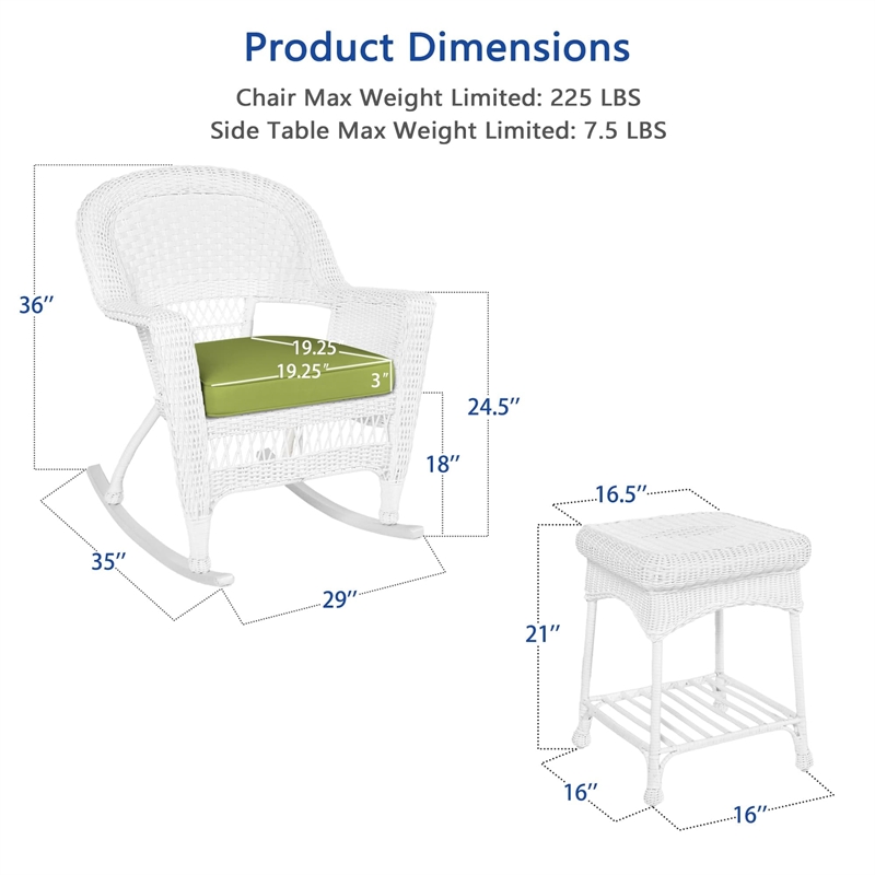 Afuera Living 3pc Wicker Rocker Chair Set in Black with Green Cushion