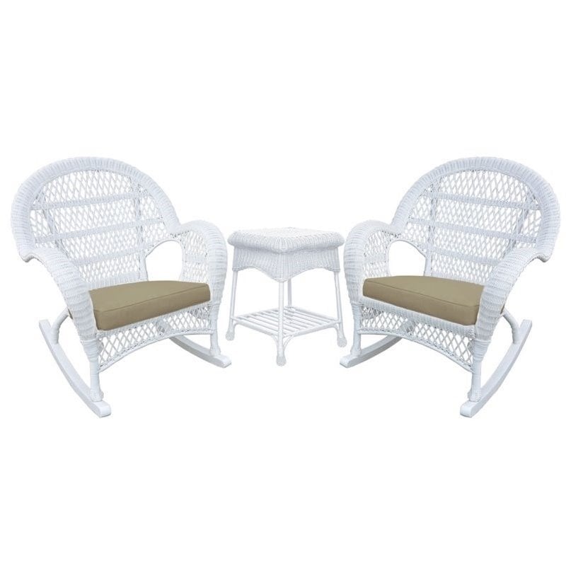 Afuera Living 3 Piece Wicker Conversation Set in White with Tan Cushions