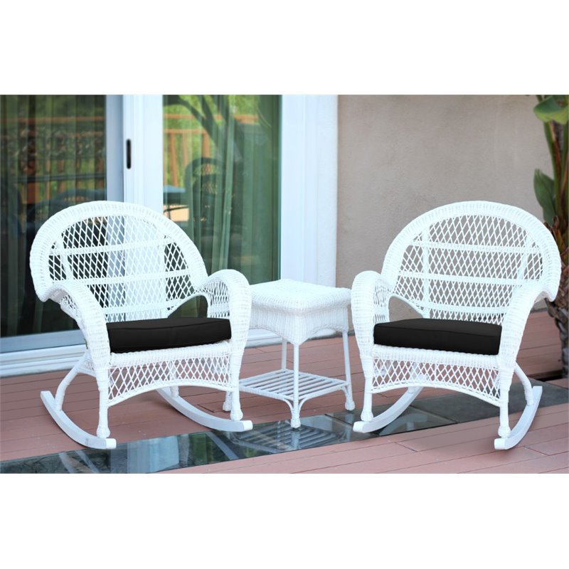Afuera Living 3 Piece Wicker Conversation Set in White with Black Cushions