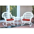 Afuera Living 3 Piece Wicker Conversation Set in White with Red Cushions