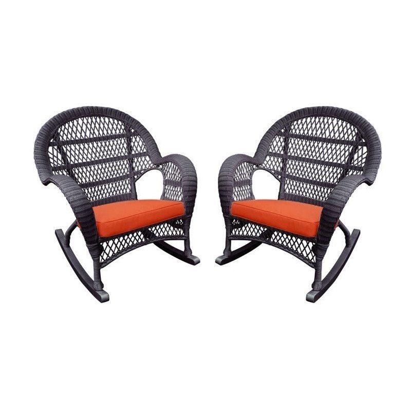 Afuera Living Wicker Rocker Chair in Espresso with Orange Cushion (Set of 2)