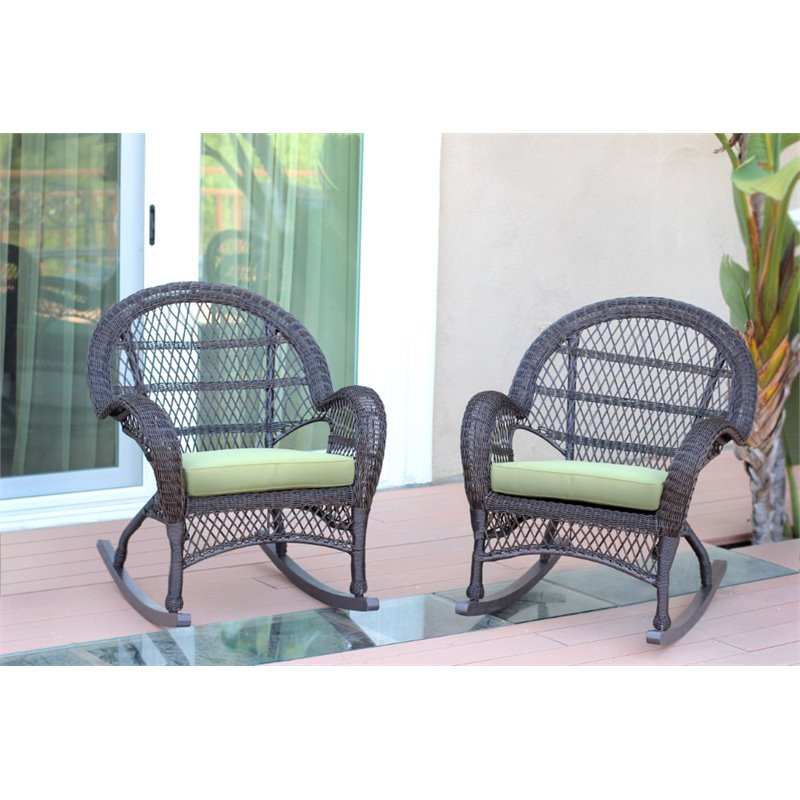 Afuera Living Wicker Rocker Chair in Espresso with Green Cushion (Set of 2)