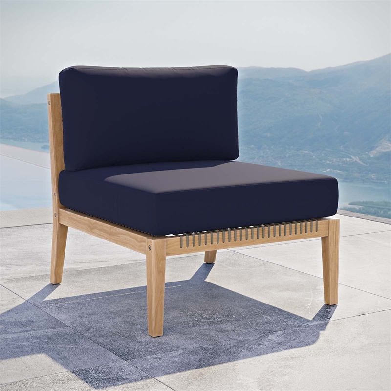 Afuera Living Teak Wood and Fabric Outdoor Armless Chair in Gray/Navy