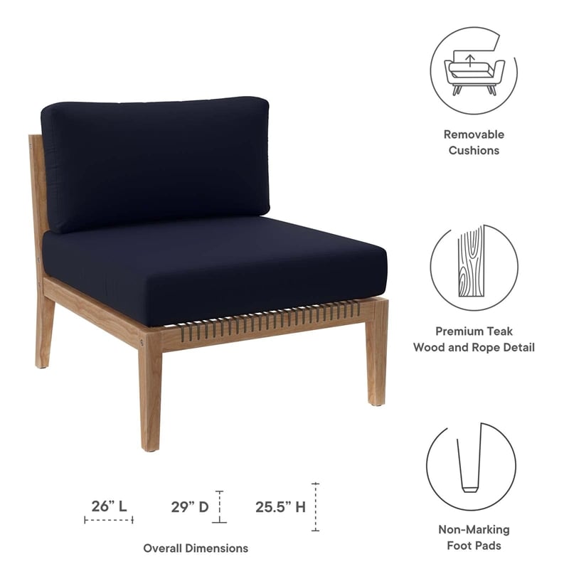 Afuera Living Teak Wood and Fabric Outdoor Armless Chair in Gray/Navy