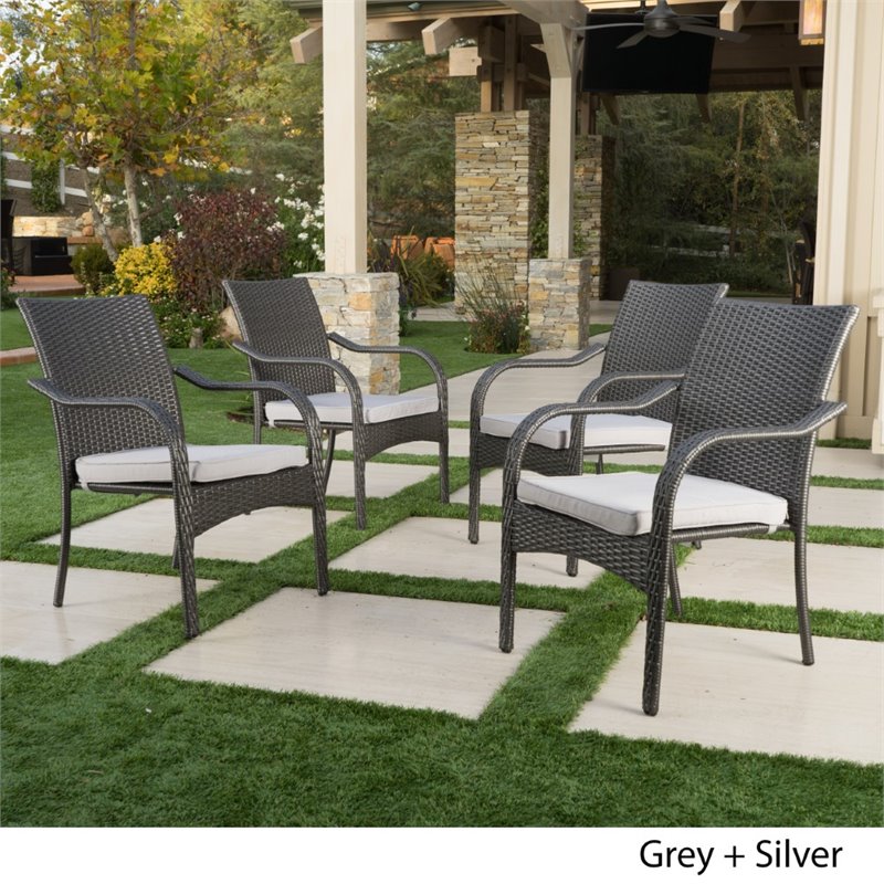 Afuera Living Wicker Stacking Patio Dining Arm Chair in Gray (Set of 4)