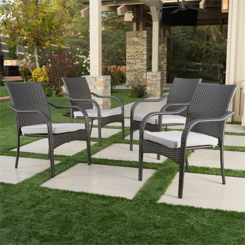 Afuera Living Wicker Stacking Patio Dining Arm Chair in Gray (Set of 4)