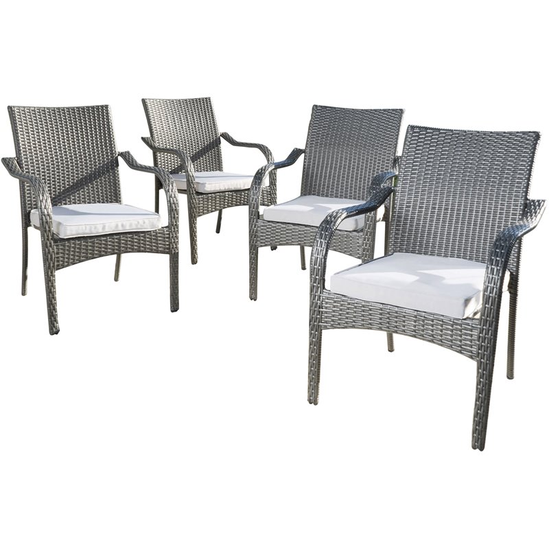 Afuera Living Wicker Stacking Patio Dining Arm Chair in Gray (Set of 4)